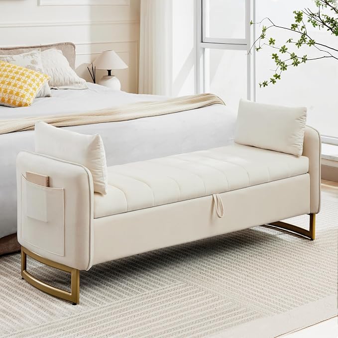 66" End of Bed Storage Bench King Size, Velvet Storage Benches by Aemeios