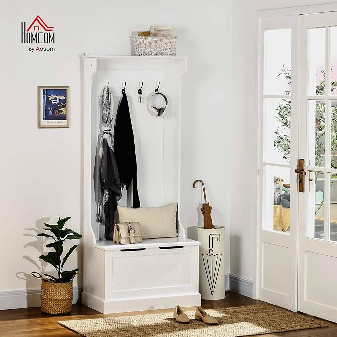 HOMCOM Hall Tree with Bench and Shoe Storage, 3-in-1 Entryway Bench with Coat - Image 2