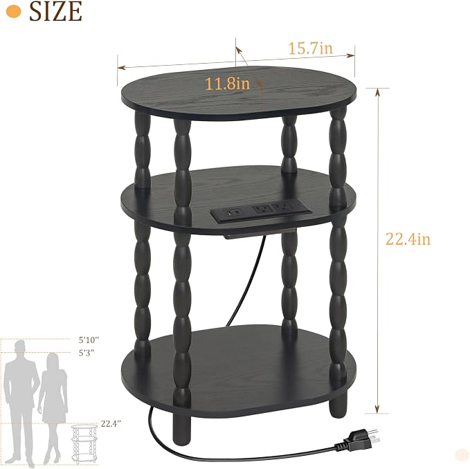 MaxSmeo Black Side Table with Charging Station, 3-Tier Small Oval End Table - Image 3