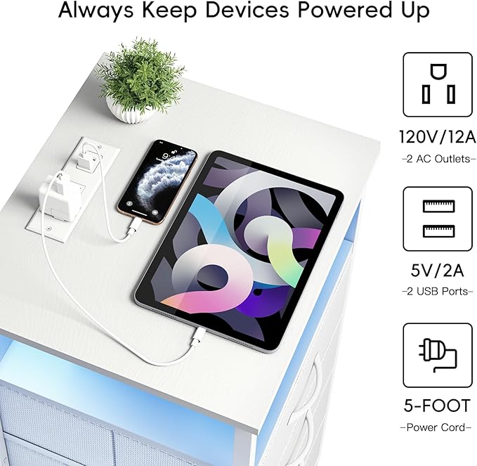 Fixwal White Nightstand with Charging Station, LED Night Stand with 3 Fabric - Image 5