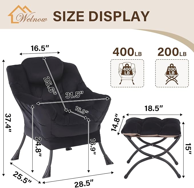 Welnow Lazy Chair with Ottoman, Modern Accent Chair with Armrests and a Side - Image 3