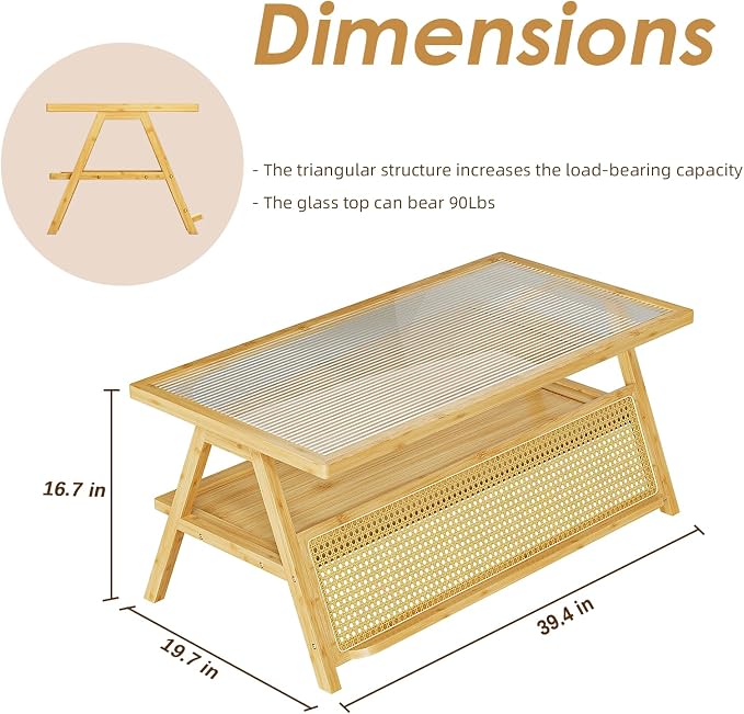 Bamworld Coffee Table with Storage Mid-Century Modern Coffee Table Boho - Image 2