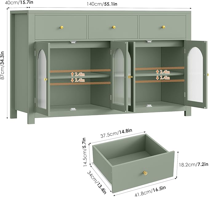 FINETONES Buffet Cabinet with Storage, 55.1" Large Sideboard Buffet, Farmhouse - Image 3