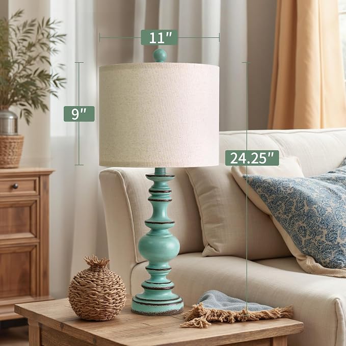 BOBOMOMO 24" Farmhouse Table Lamps Set of 2 – Distressed Teal Lamps - Image 5