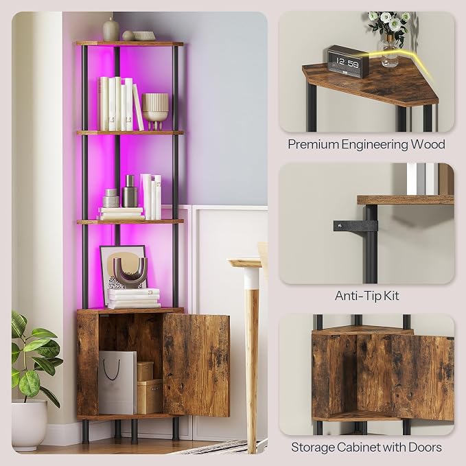 HOOBRO Corner Cabinet with LED Light, Corner Shelf Stand with Storage and Doors - Image 7