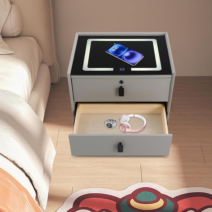 Smart Nightstand w/Fingerprint Lock Drawers, Smart Bedside Table w/USB Charging - Image 7