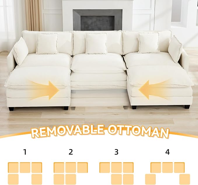 111'' Sectional Cloud Deep Seat Couch, Oversized Chenille U Shaped Sectional - Image 6