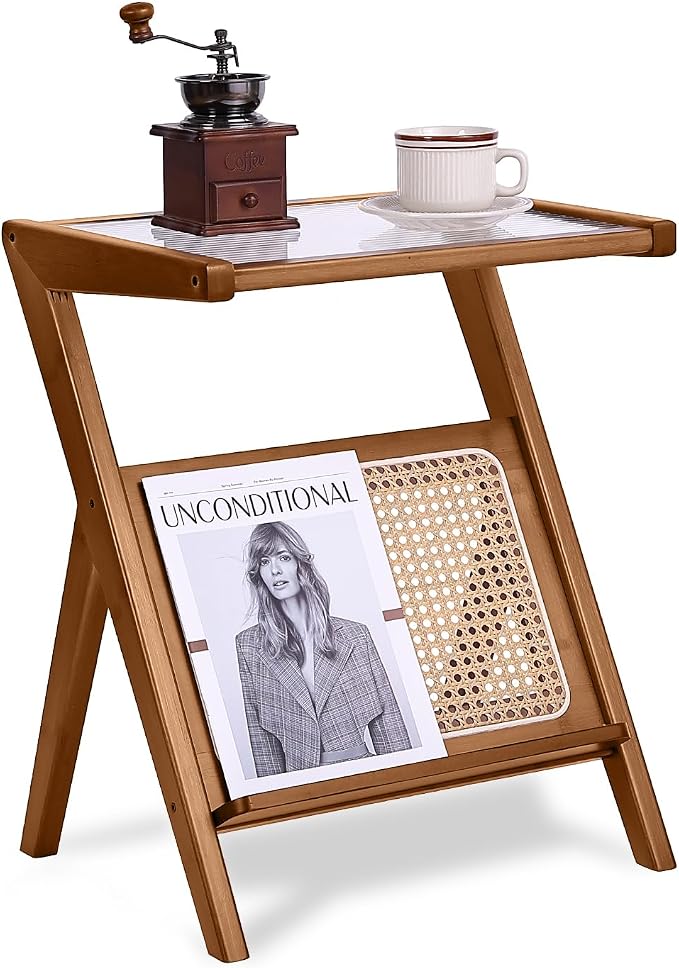 Tiita Rattan Nightstand Side Table, Bamboo Accent Bedside Tables, Glass Coffee by TiitaHome
