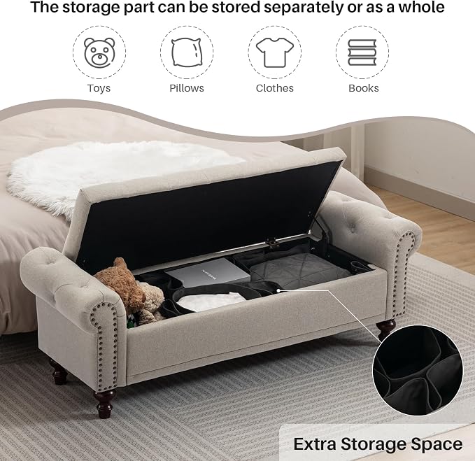 SOFTHION 58.1" Storage Bench Upholstered Linen End of Bedroom Bed Bench Ottoman - Image 3