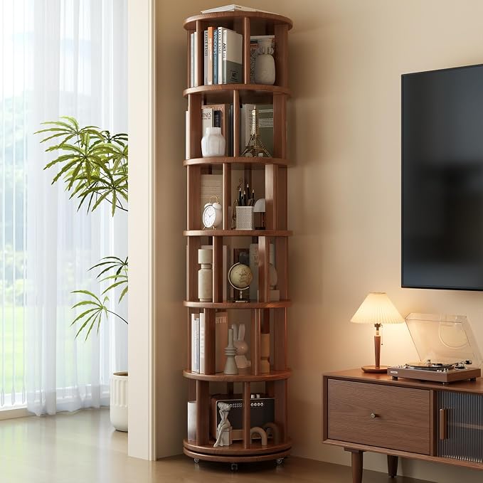 Muwuele 6 Tier Rotating Bookshelf Tower, Solid Wood Bookshelf on Wheels by Muwuele