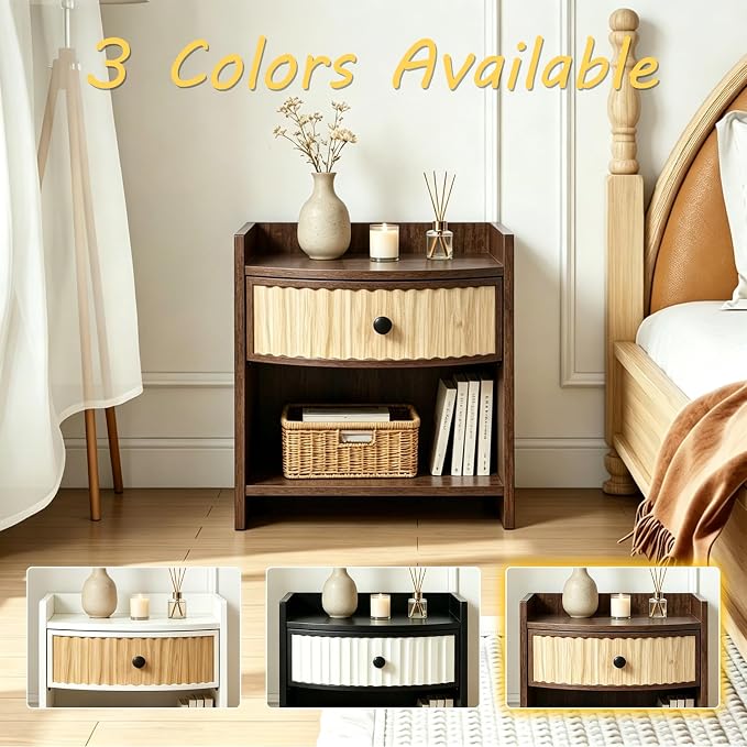 Wooden Nightstand with Drawer and Open Storage Shelf, Curved Front Bedside Table - Image 7