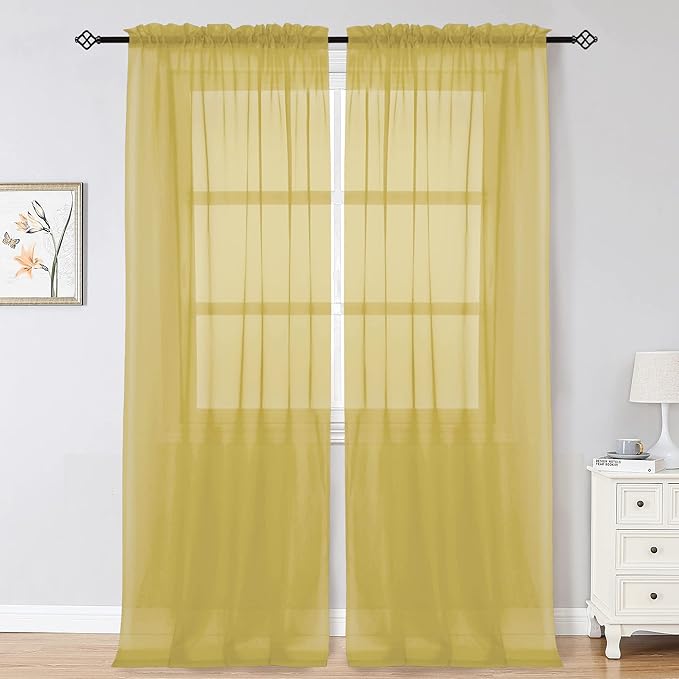 Gold Sheer Curtains 96 Inch Length 2 Panels Set, Elegant Sheer Curtains by OWENIE