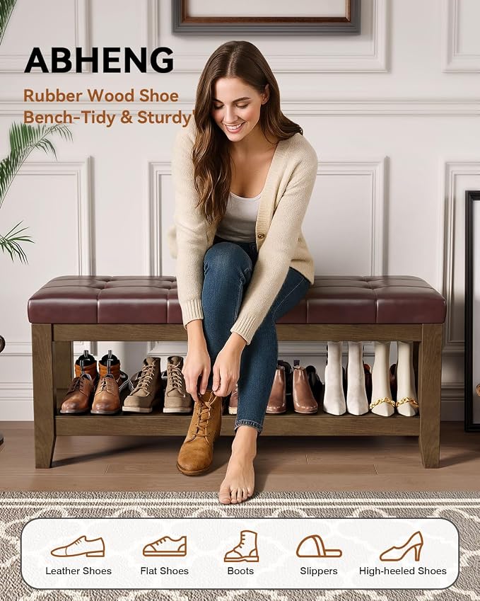 ABHENG Solid Rubber Wood Shoe Bench, Easy-Clean PU Upholstered Seat, 770LB Load - Image 3