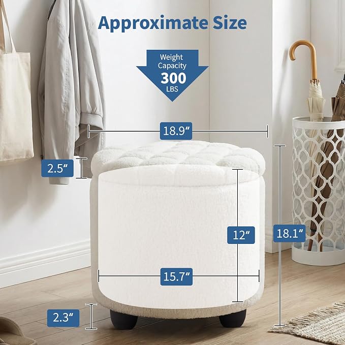 Furniliving Modern Round Storage Ottoman, Button Tufted Ottoman Footstool - Image 2