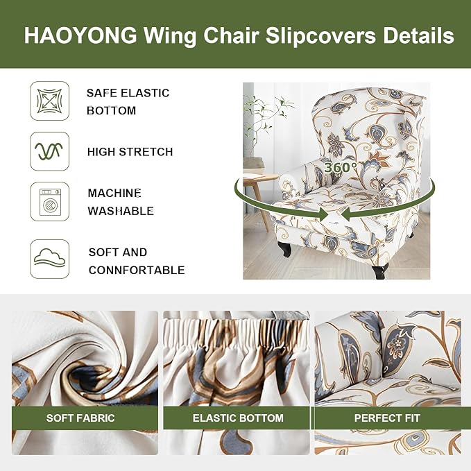 HAOYONG Wing Chair Slipcovers Printed Wingback Chair Covers 2 Pieces Wingback - Image 4
