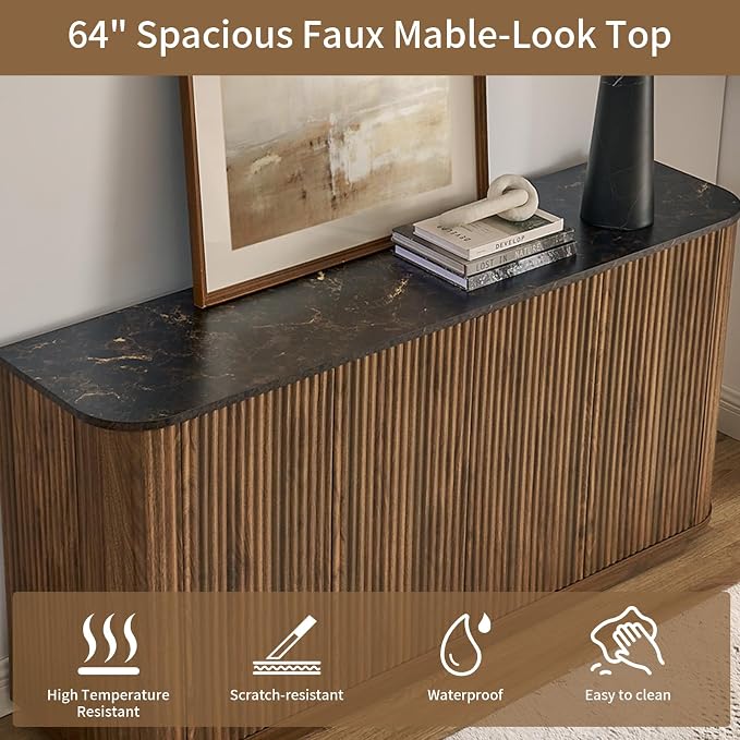 LKTART 64" Buffet Cabinet with Storage, Modern Fluted Accent Sideboard with - Image 4
