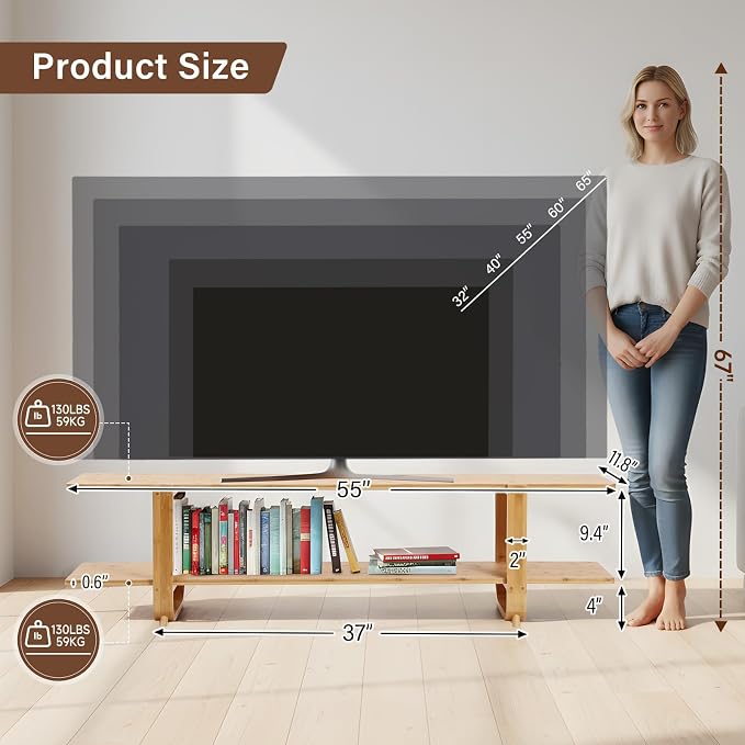 Tiita Bamboo TV Stand for 55 Inch TV, Entertainment Center - Image 2