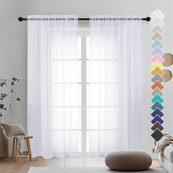 2 Panels Sheer White Curtains 72 Inches Length Window Treatment by OVZME
