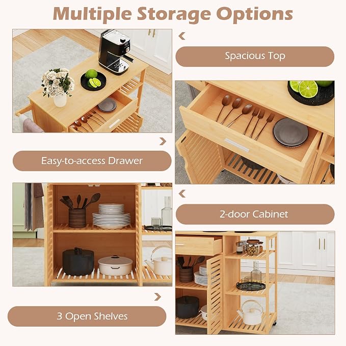 Giantex Bamboo Kitchen Island Cart, Mobile Serving Cart - Image 4