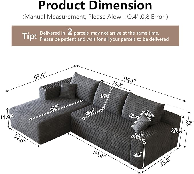 95" Cloud Sectional Couch with L-Shape Chaise, Modular Comfy Sofa Chaise Longue - Image 2