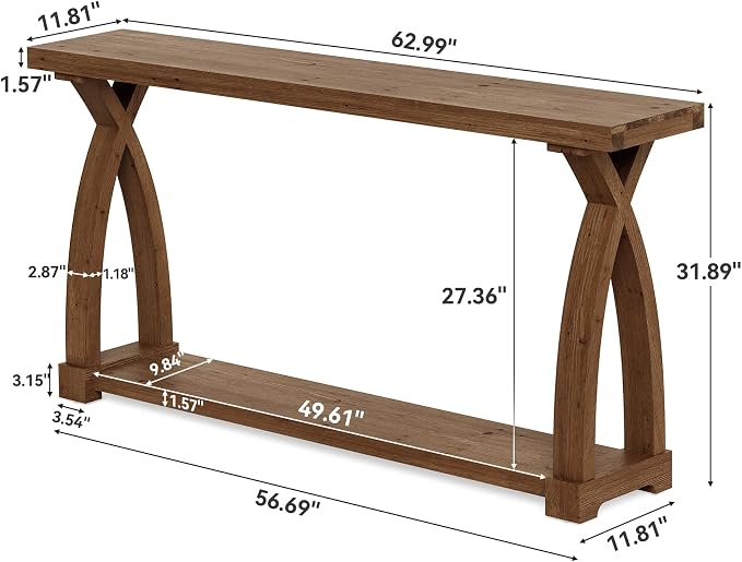 Solid Wood Console Table for Entryway, 63-Inch Narrow Farmhouse Couch Table - Image 2