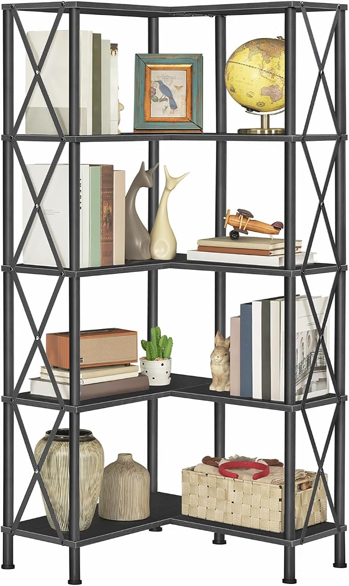 HOOBRO Corner Bookshelf, 5-Tier L-Shaped Bookcase, Industrial Open Display - Image 9