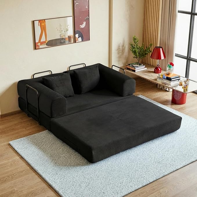 59in Convertible Sofa Bed, Corduroy Boneless Couch Bed, Futon Sleeper Sofa Pull by Unknown