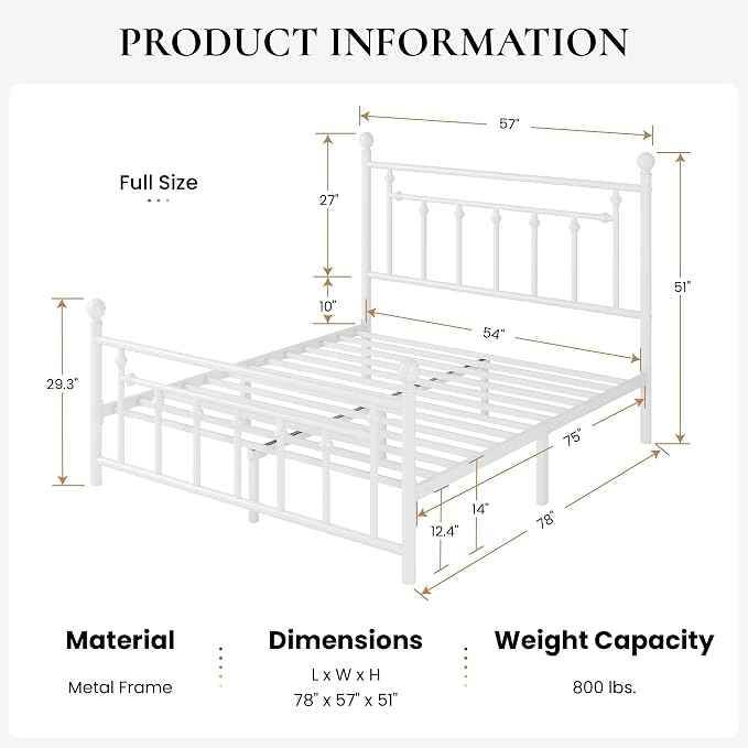SHA CERLIN 14" Full Size Metal Platform Bed Frame/Victorian Headboard and - Image 2