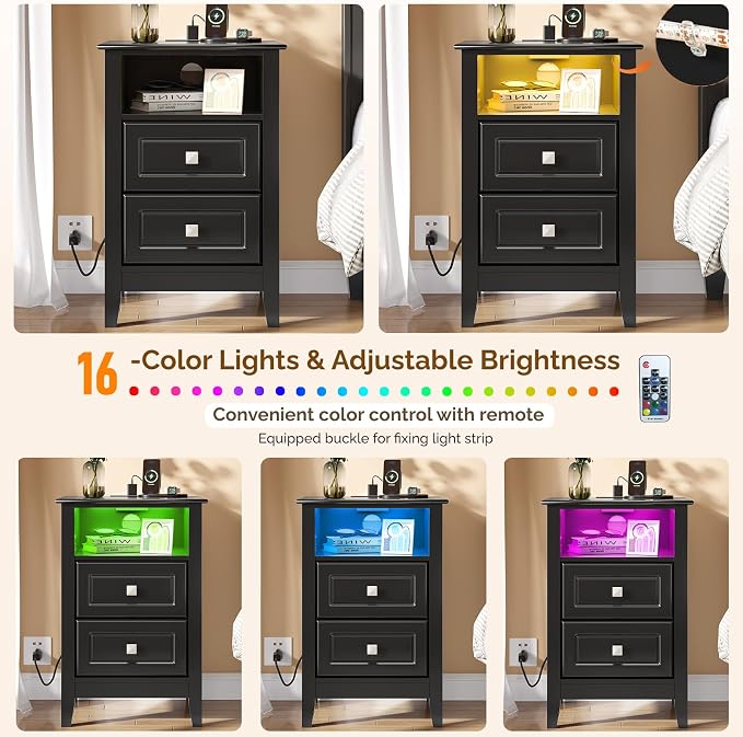 Bonnlo Led Nightstand with Charging Station, Night Stand Black Bedside Table - Image 4