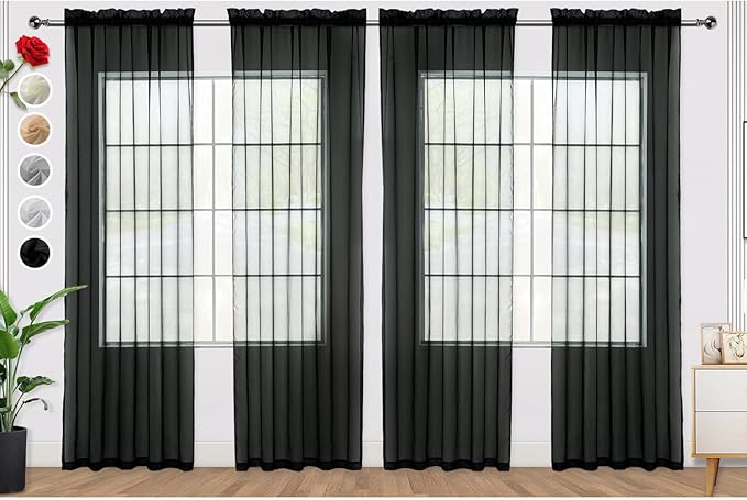 SpaceDresser Black Sheer Curtains 4 Panels Rod Pocket Semi-Sheer Curtain 96 by SpaceDresser