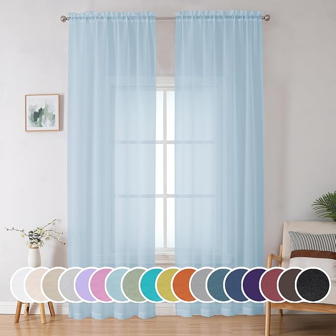 Sky Blue Sheer Curtains 90 Inches Long by OWENIE