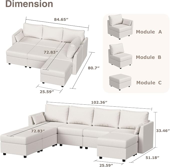 Huatean Home Modular Sectional Sofa, 7 Seat Modular Couch - Image 2