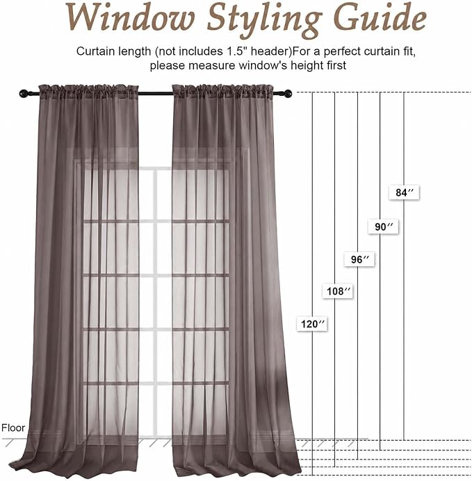 Chocolate Sheer Curtains 84 Inches Long 2 Panels Set, Light Filtering Sheer - Image 2