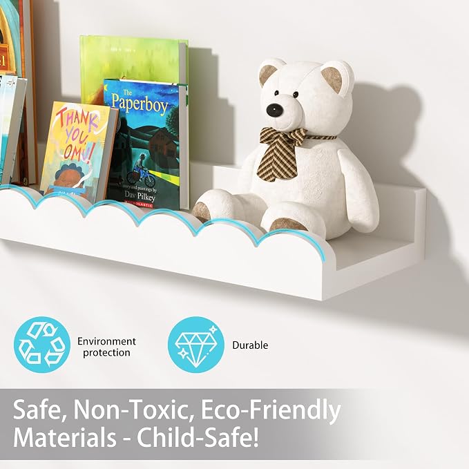 Nursery Floating Shelves for Kids Room, 4 Pack 23.6 x 4.7 Inch Scalloped Kids - Image 3