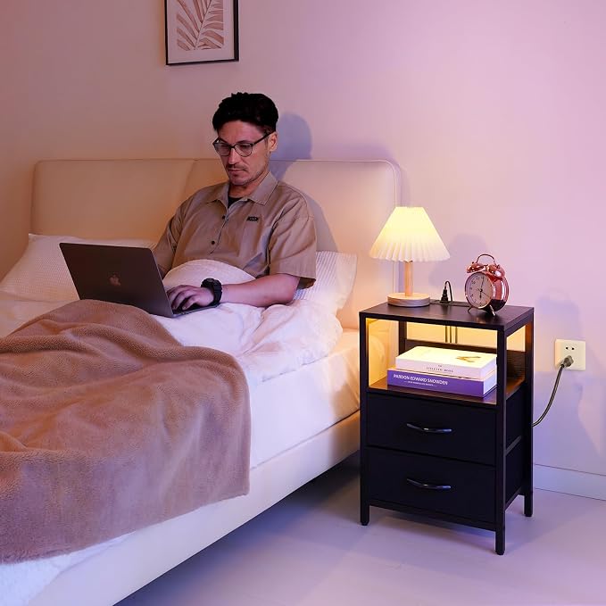 Yoobure Nightstand with Charging Station, LED Night Stand with Fabric Drawers - Image 2