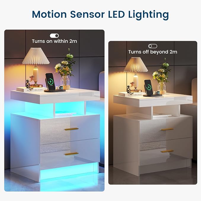 HNEBC Nightstand Set of 2 with Charging Station, Auto LED Night Stand with - Image 7