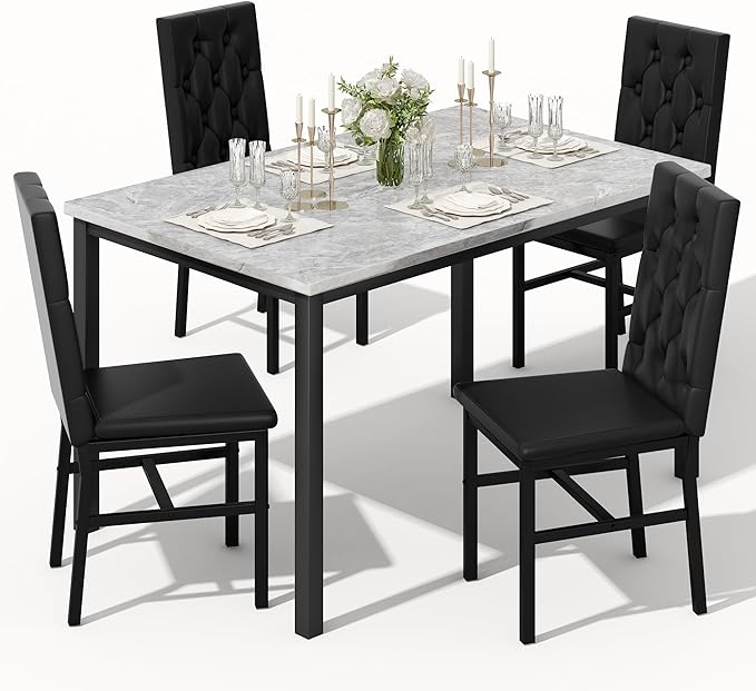 Hooseng Dining Table Set for 4, Faux Marble Small Kitchen Table Chairs Set of 4 by Hooseng