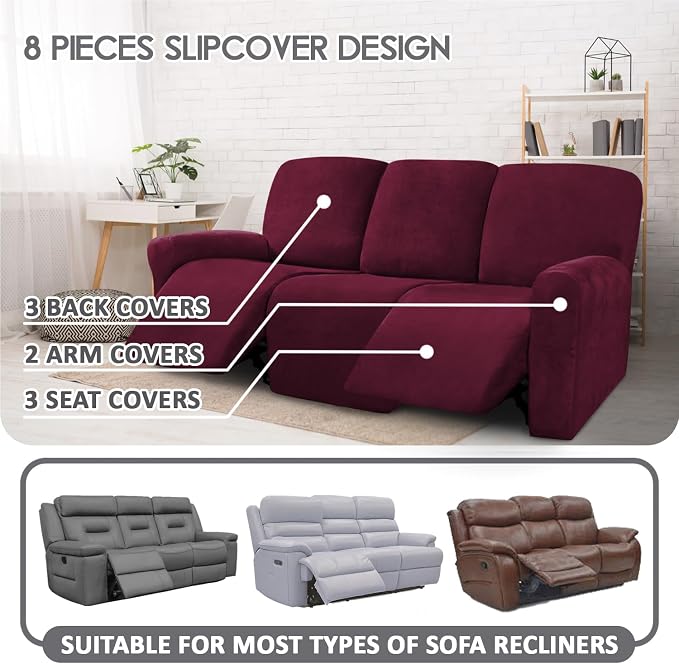 ULTICOR Velvet 8-Pieces Recliner Sofa Covers Stretch Reclining Couch Covers - Image 2