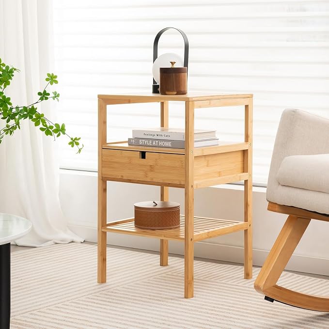 Giantex Bamboo Nightstand, Wood Side Table - Image 2