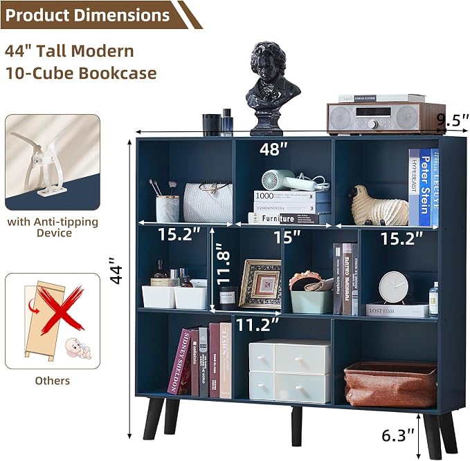 LEYAOYAO 10 Cube Bookshelf, 3 Tier Modern Wide Bookcase - Image 2