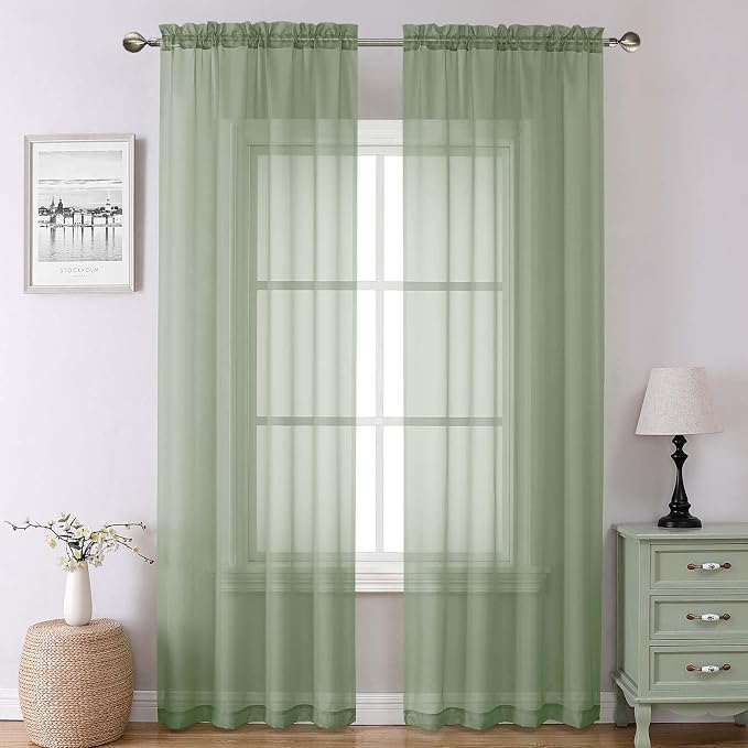 Sage Green Sheer Curtains 90 Inches Long 2 Pcs, Modern Solid Voile Light by Lecloud