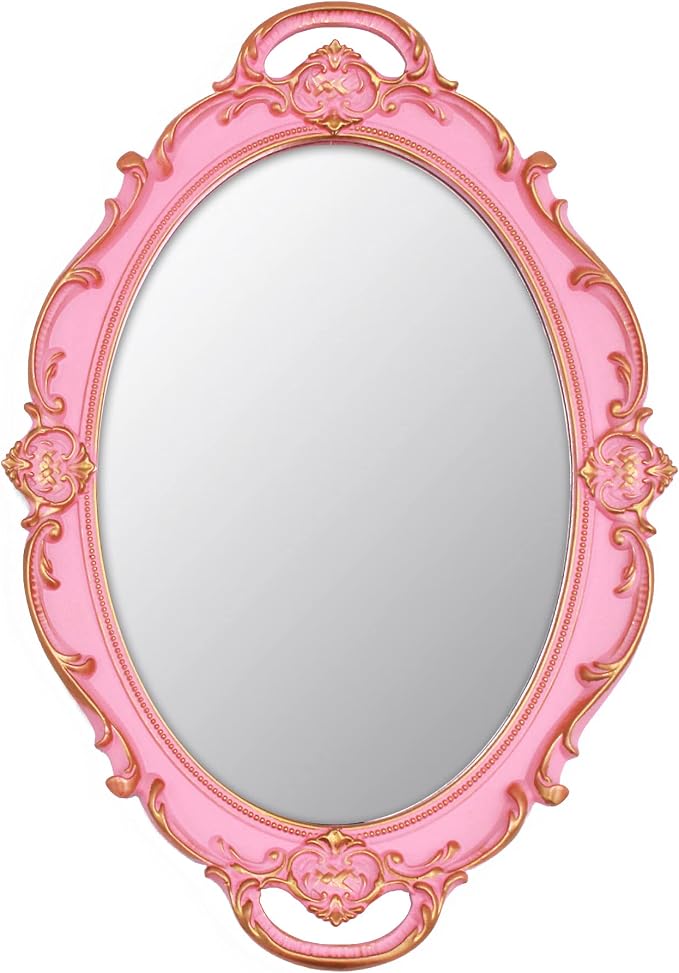 YCHMIR Vintage Small Mirror 14.5 x 10 inch Oval Pink Wall Mirror by YCHMIR