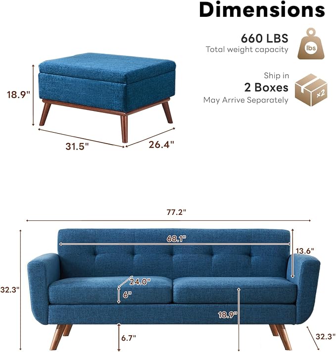 Tbfit Mid Century Modern Sofa, Loveseat Couch, Standard Sofa & Ottoman | linen - Image 2