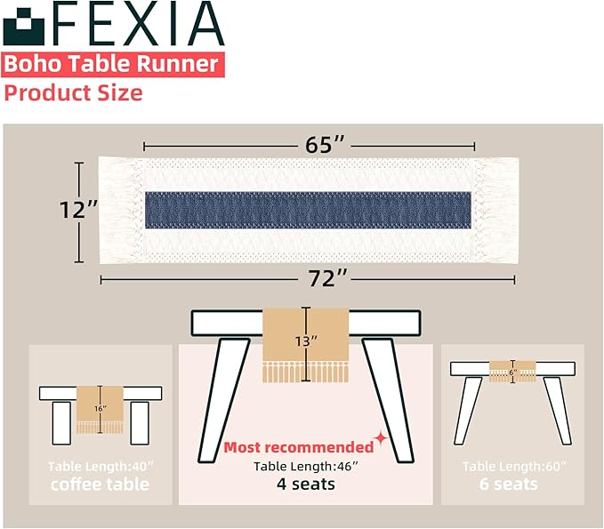FEXIA Boho Blue Table Runner 72 Inches Long - Image 2