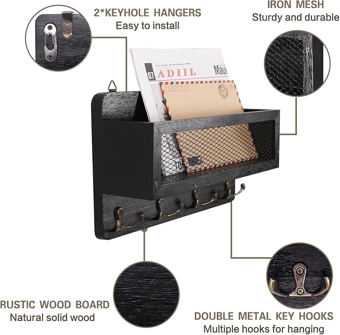ADIIL Mail and Key Holder for Wall Decorative, Wooden Wall Mount Key Rack - Image 4