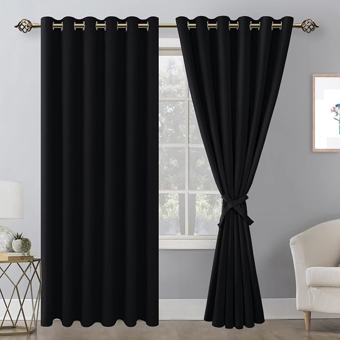 Grommet Blackout Curtains for Bedroom 70 x 84 Inches Black 2 Panels | Thermal - Image 8