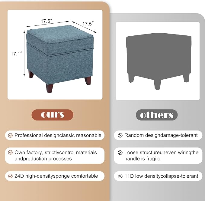 Adeco 17" Square Ottoman with Storage, Small Blue Storage Ottoman Foot Rest - Image 3
