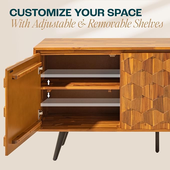 Bme Sideboard Georgina Solid Wood 2 Doors & 3 Drawers, Living Room, Teak Brown - Image 6