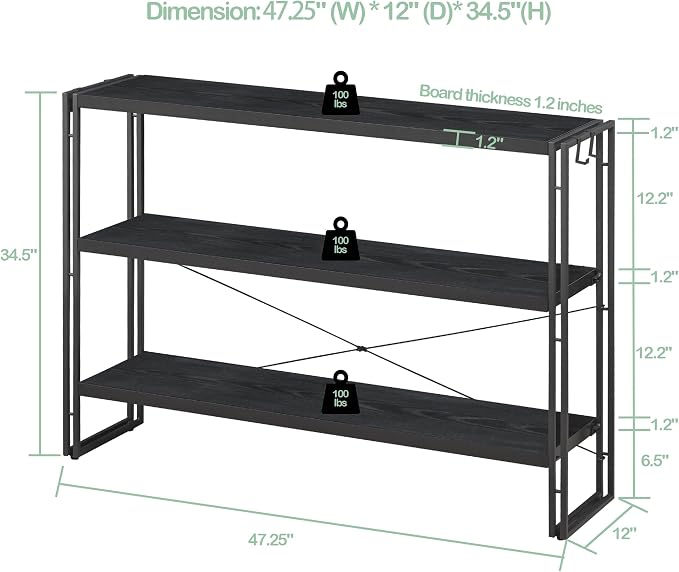 HCHQHS Bookshelf, 3-Tier Industrial Bookcase, Freestanding Horizontal - Image 3