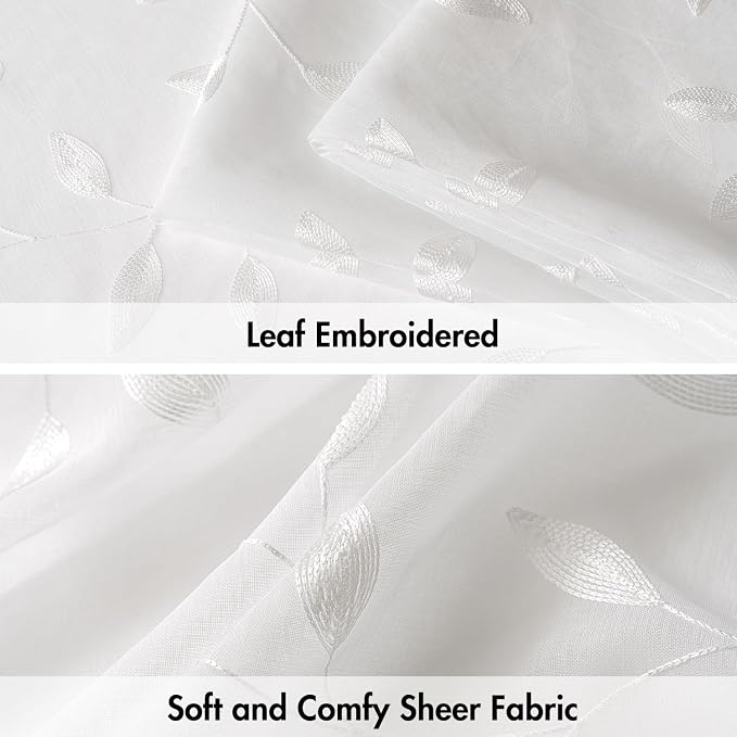 MIULEE White Sheer Curtains 2 Panels Embroidered Leaf Patterned, W52 x L84 | - Image 4